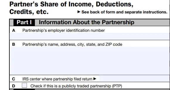 Here’s a screenshot showing Part I of a blank K-1 form